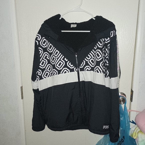 M/L Pink Victoria's Secret Windbreaker Black & White Anorak Jacket Coat - Picture 5 of 12